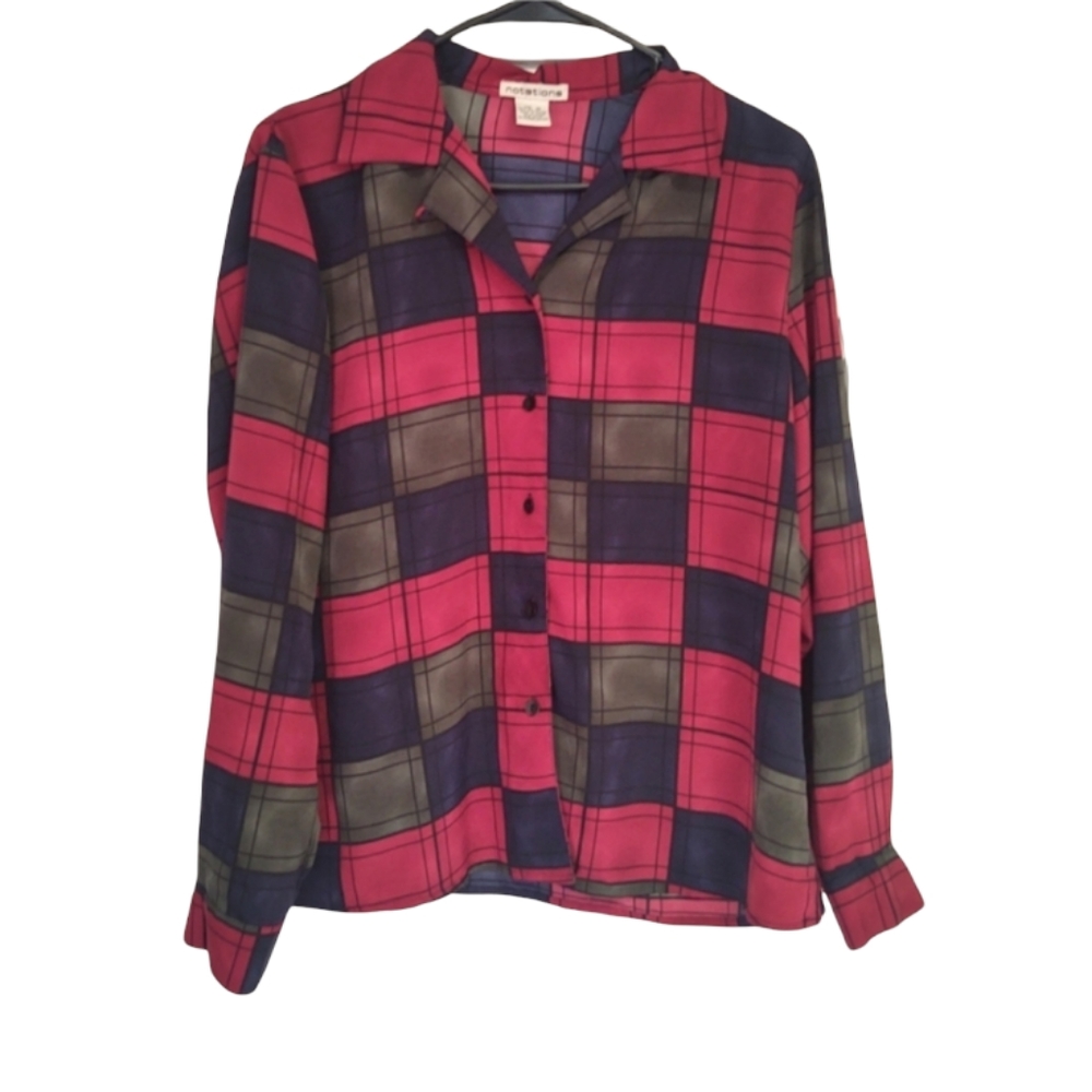 Vintage silky polyester button down checkered blouse